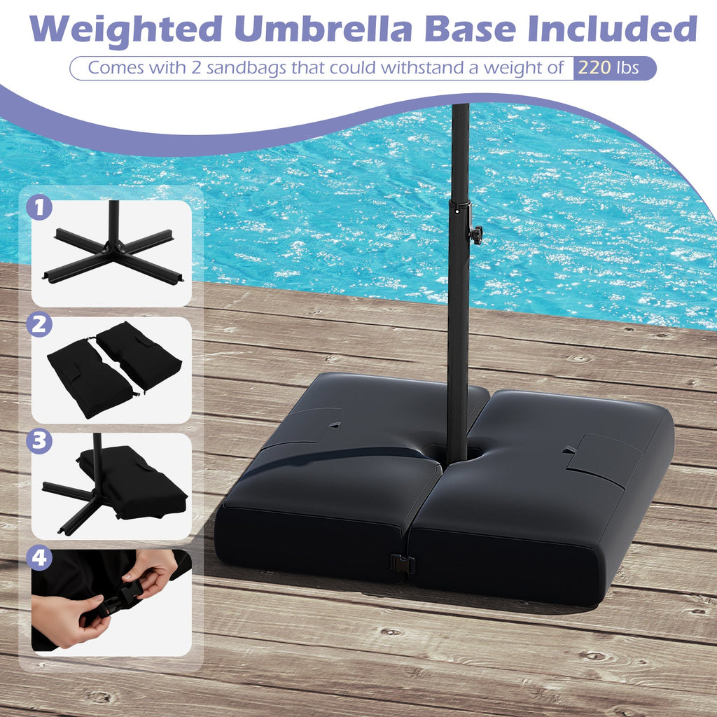 10 Feet Solar Offset Hanging Umbrella with Base and 32 LED Lights-Gray