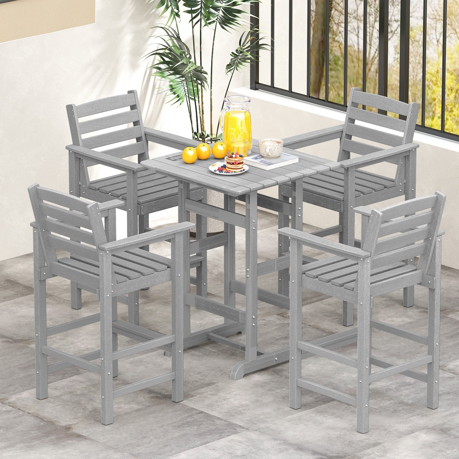 Patio HDPE Adirondack Bar Chairs Set of 2 with Wide Armrests-Gray
