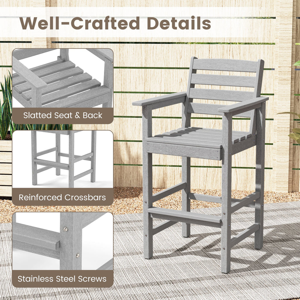 Patio HDPE Adirondack Bar Chairs Set of 2 with Wide Armrests-Gray